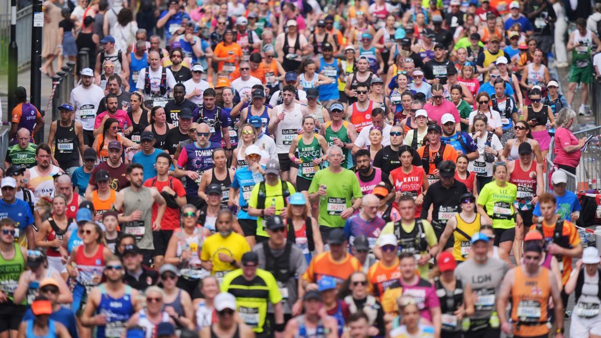File photo dated 27/04/25 of people taking part in the TCS London Marathon. This year's London Marathon is set to break a new world record for the biggest annual one-day fundraising event, organisers said. The 2025 event has already raised more than ?75 million for charities, beating the existing world record of ?73.5 million, set at the 2024 TCS London Marathon. Issue date: Thursday May 1, 2025. PA Photo. See PA story SOCIAL Marathon. Photo credit should read: Yui Mok/PA Wire