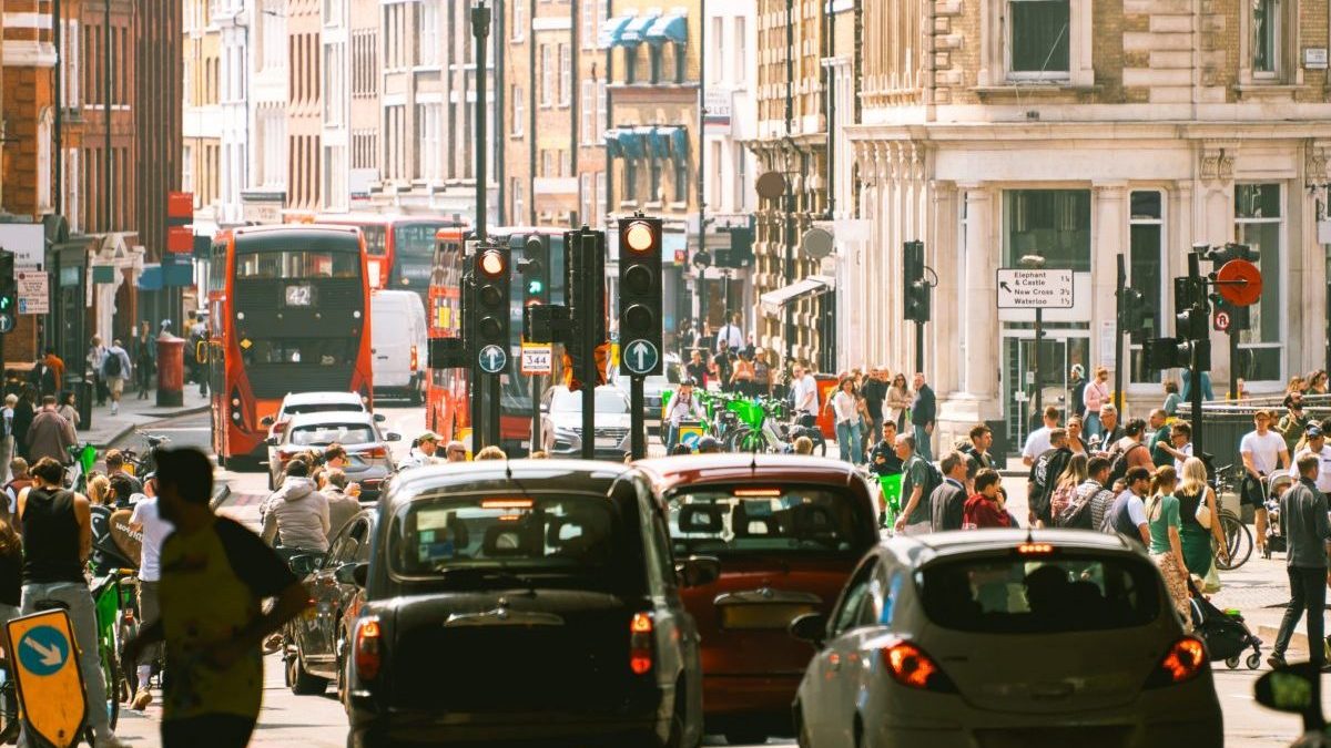 A busy street with traffic in London, England