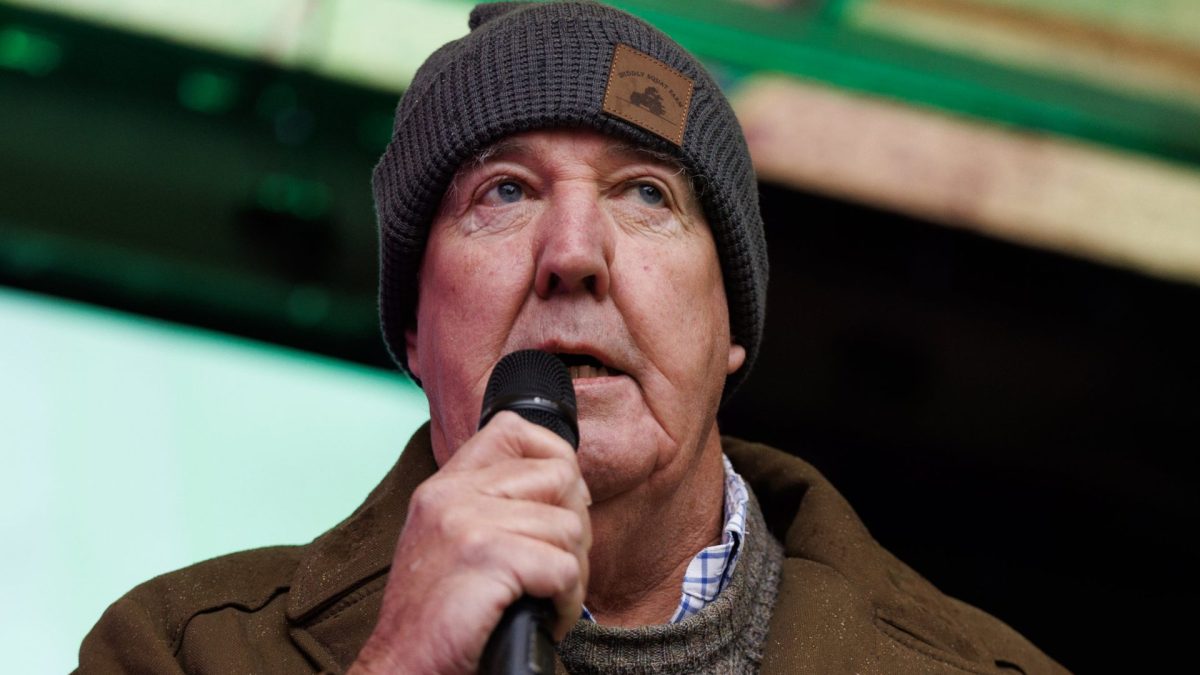 LONDON, ENGLAND - NOVEMBER 19: TV presenter Jeremy Clarkson speaks to the crowd during a farmers demonstration on Whitehall on November 19, 2024 in London, England. Thousands of farmers descended on central London to protest against changes to inheritance tax announced in the budget last month. The farmers argue that the changes will destroy family farms and that the nation's food security is at risk, while the government says that the change will likely affect only around 500 larger estate farms. (Photo by Dan Kitwood/Getty Images)