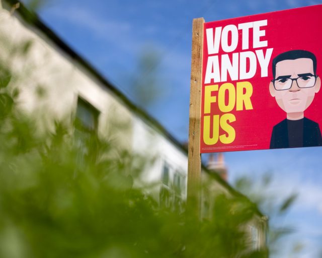 WIGAN, ENGLAND - MAY 23: A "Vote Andy For Us" sign on May 23, 2026 in Wigan, England. The Makerfield by-election will take place on Thursday 18 June 2026 after Labour MP Josh Simons resigned to make way for Greater Manchester Mayor Andy Burnham to run giving him a route back to Westminster. While Labour won this seat at the 2024 general election with 45.2% of the vote to Reform UK's 31.8%, recent local council elections in May 2026 saw a shift, with Reform UK winning 49.8% of the area's vote compared to Labour's 24.3%. (Photo by Ryan Jenkinson/Getty Images)