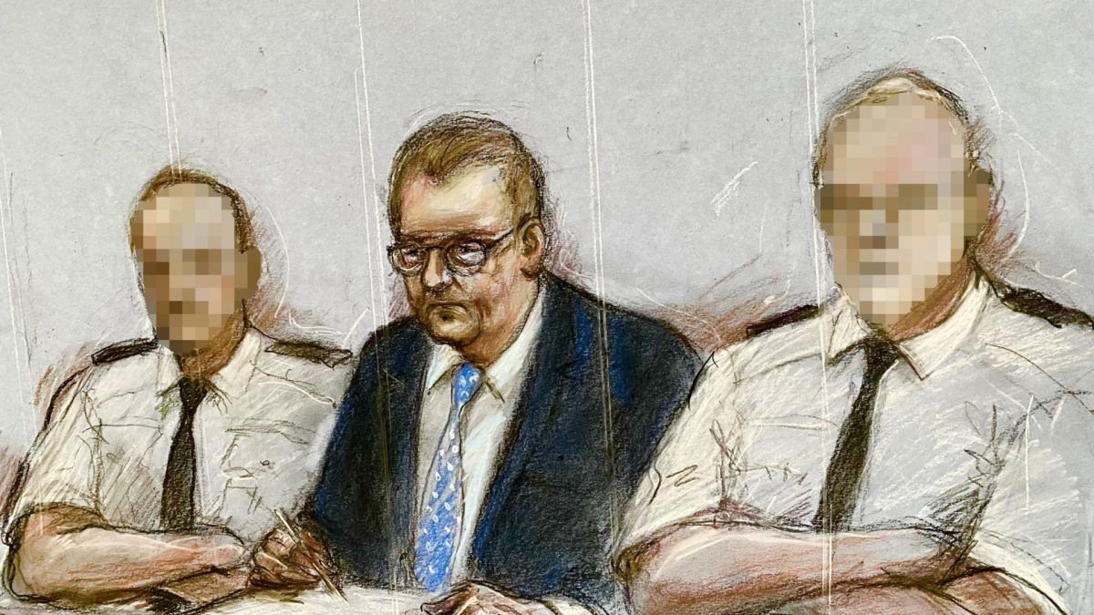 FILE PHOTO EDITORS NOTE RETRANSMITTING IMAGE PIXELLATED BY PA PICTURE DESK FOLLOWING A REQUEST RECEIVED FROM THE DEPARTMENT OF JUSTICE IN NORTHERN IRELAND THAT THE PRISON STAFF SHOULD NOT BE IDENTIFIABLE. Court artist drawing by Elizabeth Cook of Sir Jeffrey Donaldson appearing at Newry Crown Court, where he and his wife Lady Eleanor Donaldson are accused of historical sexual offences. Picture date: Wednesday May 27, 2026.