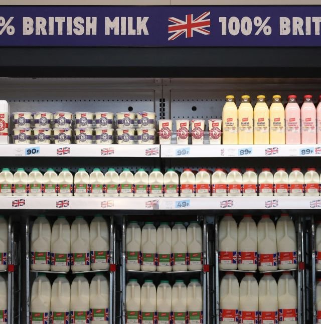 Cartons of milk are pictured for sale inside a Jack's store during its press launch in Chatteris, near Cambridge, east of England, on September 19, 2018, during the lauch of supermarket giant Tesco's latest discount venture, Jack's. - British supermarket giant Tesco on Wednesday announced plans for discount food stores across the country, as it comes under increasing pressure from German-owned Aldi and Lidl. Tesco, which is Britain's biggest retailer, said the first two Jack's stores open Thursday followed by up to another 13 over the next six months. (Photo by Daniel LEAL / AFP) (Photo by DANIEL LEAL/AFP via Getty Images)