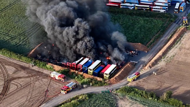 Buses on fire at a storage yard in Essex