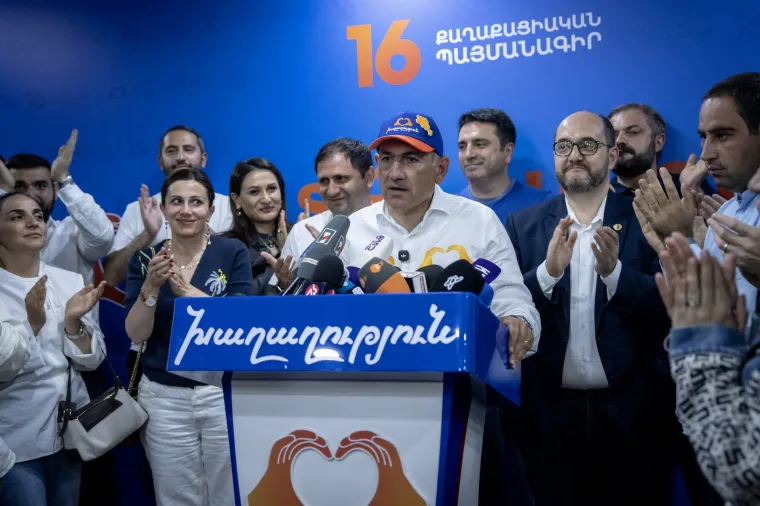 YEREVAN, ARMENIA - JUNE 08: ??????????Armenian Prime Minister Nikol Pashinyan, declared victory in the parliamentary elections early Monday morning, speaks to press as vote counting continued across the country in Yerevan, Armenia on June 8, 2026. Speaking to reporters, Pashinyan said his Civil Contract party had won the elections. 'I extend my gratitude to all my colleagues in the party. We worked day and night, and this is a victory of history. This victory belongs to the Armenian people,' he said. (Photo by Ozge Elif Kizil/Anadolu via Getty Images)