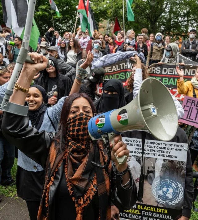 LONDON, ENGLAND - JUNE 12: Hundreds of activists gather in support of four of the Filton defendants due to be sentenced at Woolwich Crown Court on June 12, 2026 in London, England. Four of 