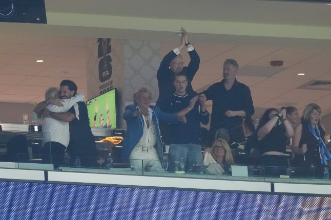 Sir Rod Stewart (third left) celebrates in the stands after the FIFA World Cup Group C match at Boston Stadium, Foxborough. Picture date: Saturday June 13, 2026. PA Photo. Photo credit should read: Martin Rickett/PA Wire. RESTRICTIONS: Use subject to restrictions. Editorial use only, no commercial use without prior consent from rights holder.