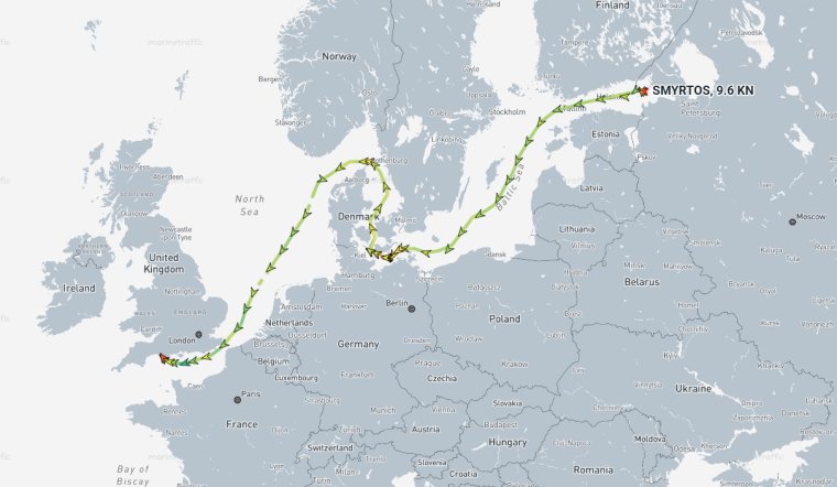 The Smyrtos left the Russia post of Ust-Luga, near St Petersberg, on 7 June 2026. It wound its way through the Baltic sea, passing Denmark before making a direct shot for the English Channel. (Photo: MarineTraffic)