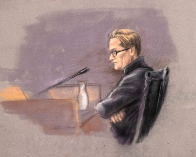 FILE PHOTO: A court sketch shows Marius Borg Hoiby during the second day of the trial against him, which takes place at the Oslo District Court in Oslo, Norway February 4, 2026. NTB/Ane Hem via REUTERS ATTENTION EDITORS - THIS IMAGE WAS PROVIDED BY A THIRD PARTY. NORWAY OUT. NO COMMERCIAL OR EDITORIAL SALES IN NORWAY./File Photo