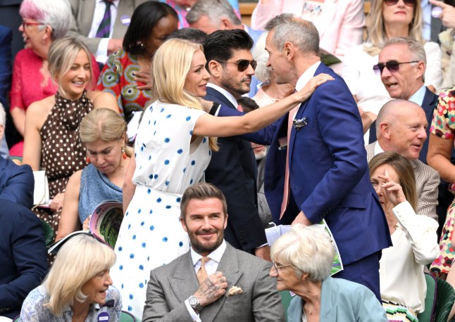 LONDON, ENGLAND - JUNE 29: Katherine Jenkins and Andrew Levitas speak with Alexander Armstrong (R) and Sir David Beckham (below centre) as they attend day one of the 2026 Wimbledon Tennis Championships at the All England Lawn Tennis and Croquet Club on June 29, 2026 in London, England. (Photo by Karwai Tang/WireImage)