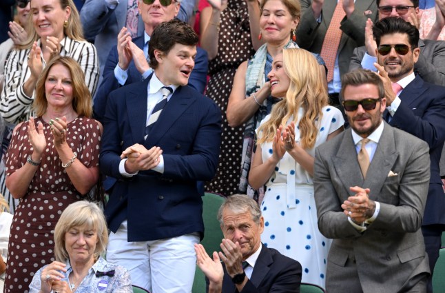 LONDON, ENGLAND - JUNE 29: Robert Aramayo, Katherine Jenkins, Andrew Levitas and Sir David Beckham react as they attend day one of the 2026 Wimbledon Tennis Championships at the All England Lawn Tennis and Croquet Club on June 29, 2026 in London, England. (Photo by Karwai Tang/WireImage)