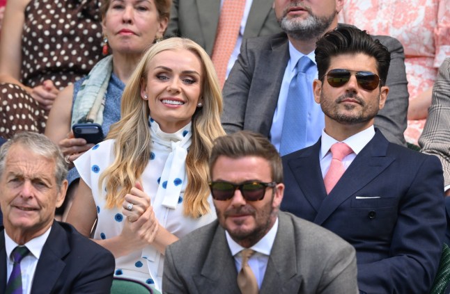 LONDON, ENGLAND - JUNE 29: Katherine Jenkins, Andrew Levitas and Sir David Beckham react as they attend day one of the 2026 Wimbledon Tennis Championships at the All England Lawn Tennis and Croquet Club on June 29, 2026 in London, England. (Photo by Karwai Tang/WireImage)