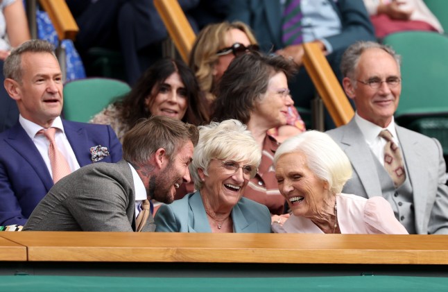 LONDON, ENGLAND - JUNE 29: Sir David Beckham, former professional footballer and President and co-owner of Inter Miami CF, his mother Sandra Beckham and Dame Mary Berry are seen in the Royal Box on day one of The Championships Wimbledon 2026 at All England Lawn Tennis and Croquet Club on June 29, 2026 in London, England. (Photo by Matthew Stockman/Getty Images)