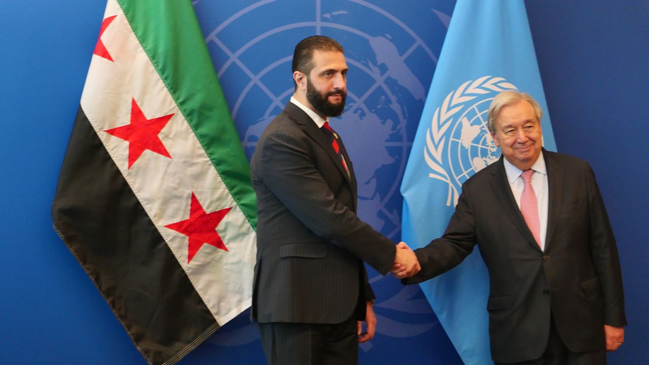 Syrian President Ahmad al-Sharaa shakes hands with U.N. Secretary General António Guterres on Wednesday, September 24, 2025. (Spectrum News/Christina Santucci)