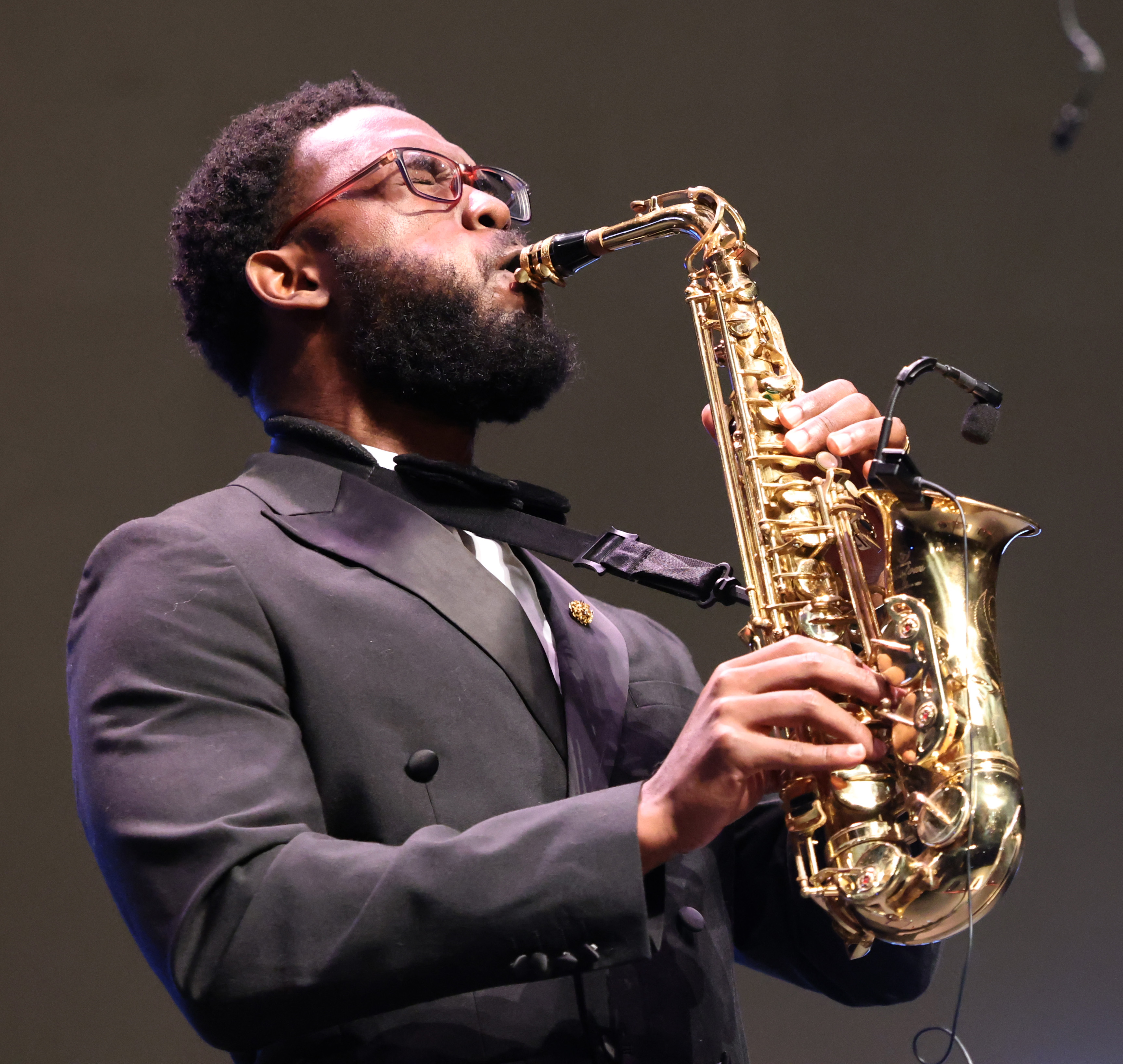 Saxophonist Emmanuel Grails performs at Orange County Mayor Jerry Demingsâ...