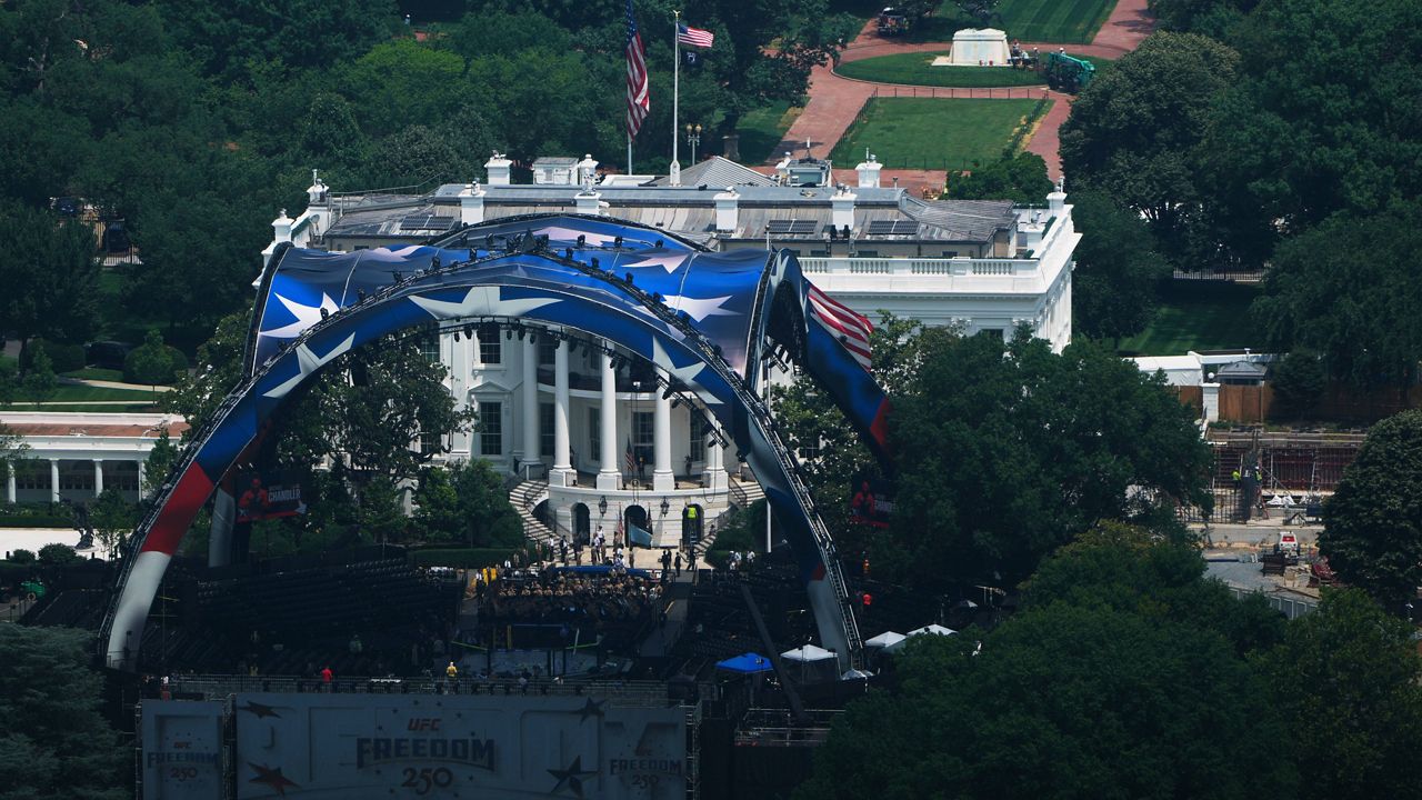 The arena for the UFC Freedom 250 fights is pictured on the South Lawn of the White House in Washington, Thursday, June 11, 2026. (AP Photo/Julia Demaree Nikhinson)