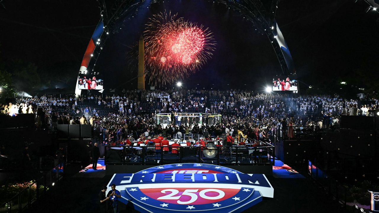 Fireworks go off as Justin Gaethje celebrates after defeating Ilia Topuria in a lightweight title bout during UFC Freedom 250 on the South Lawn of the White House, Monday, June 15, 2026, in Washington. (Saul Loeb/Pool Photo via AP)