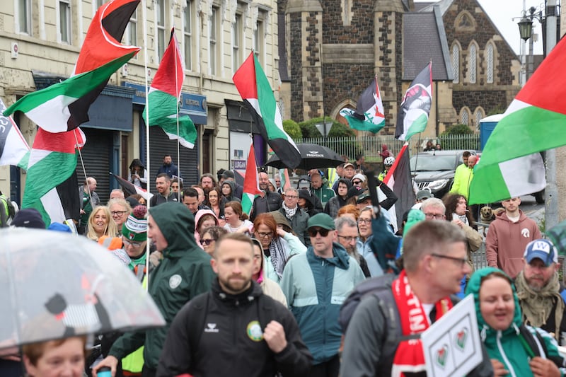 The ‘Great March For Gaza’ leaving Lurgan, Co Armagh, walking 25 miles from Lurgan to Newry, the length of the Gaza Strip in aid of Palestine Aid Ireland and Children Not Numbers. PICTURE: MAL MCCANN