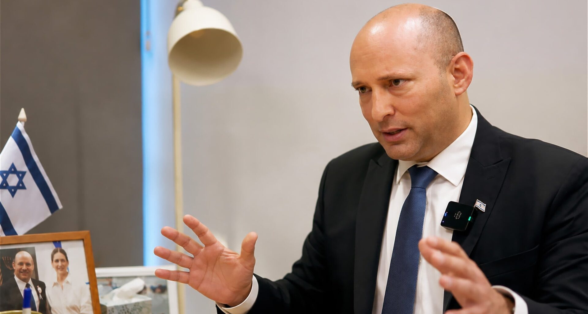 Together party leader and former prime minister Naftali Bennett in an interview for The Times of Israel at his Together party HQ on June 11, 2026 (Yitzhak Ledee/Times of Israel)