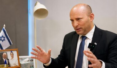 Together party leader and former prime minister Naftali Bennett in an interview for The Times of Israel at his Together party HQ on June 11, 2026 (Yitzhak Ledee/Times of Israel)