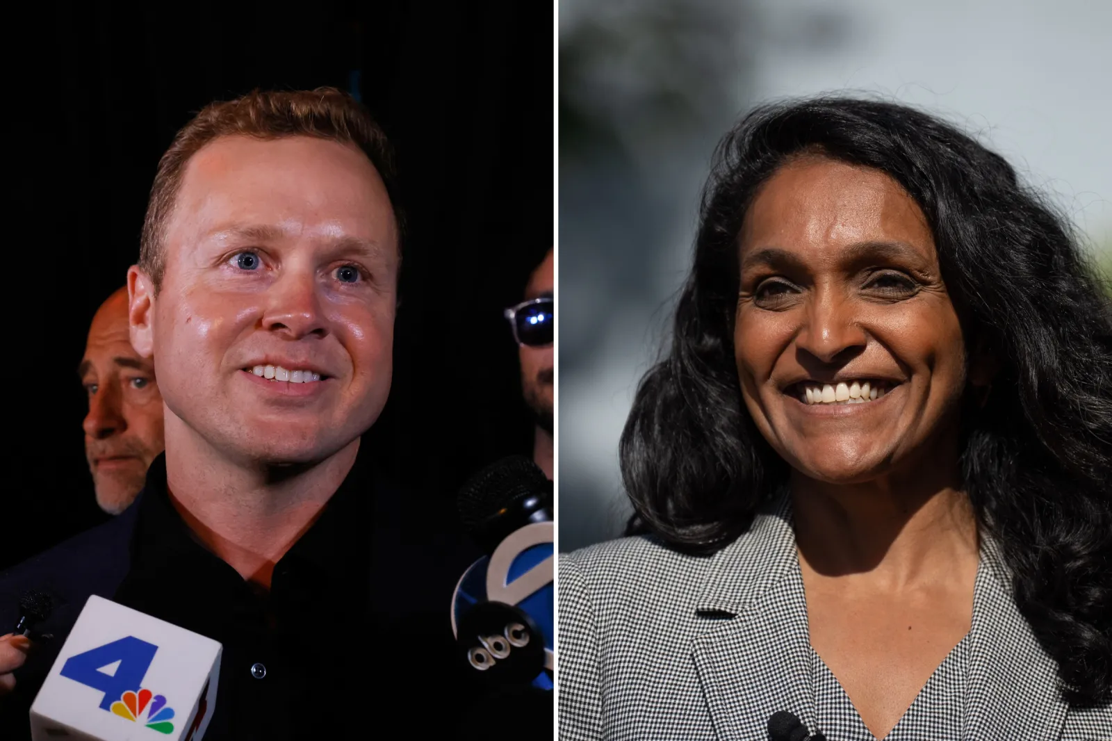Spencer Pratt, left, a candidate in the Los Angeles mayoral race and Nithya Raman, another candidate, right.