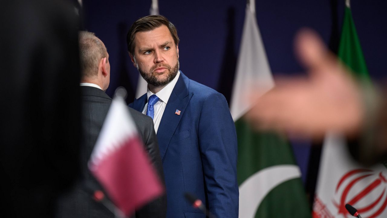 US Vice President JD Vance prior to a quadrilateral meeting between the United States, Iran, Pakistan and Qatar at the Burgenstock luxury hotel complex overlooking Lake Lucerne, Switzerland, Sunday June 21, 2026. (Fabrice Coffrini/Keystone via AP)
