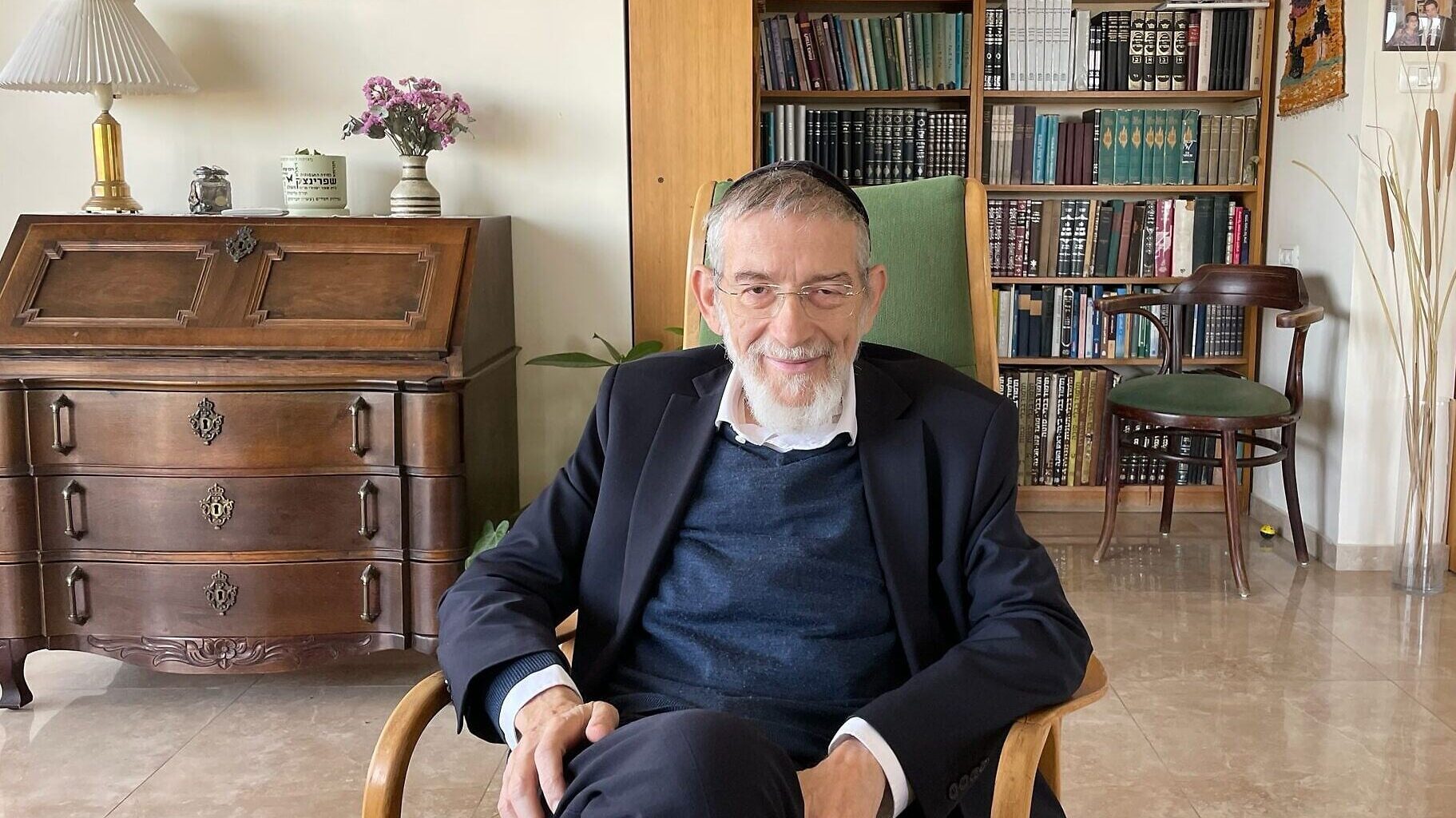 Rabbi Michael Melchior in his apartment in Jerusalem on May 14, 2026. (Rossella Tercatin/Times of Israel)