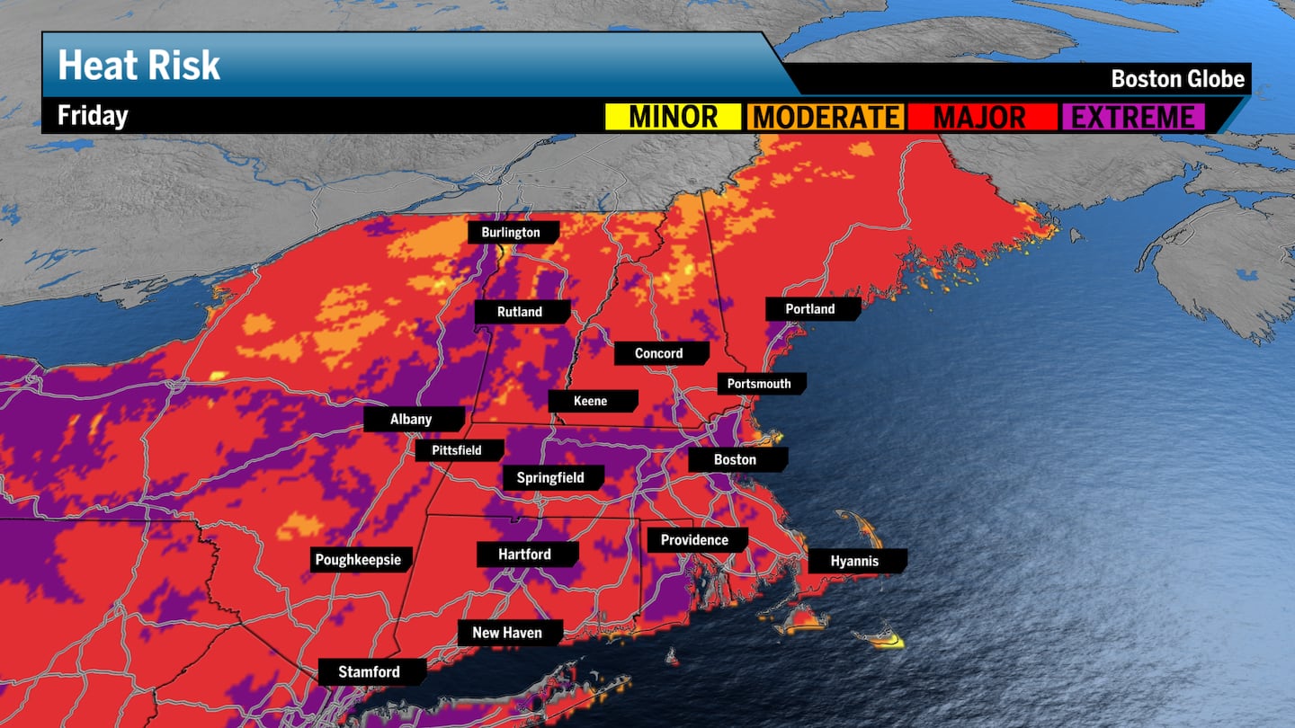 The heat risk, the effect the heat will have on your body, will be the most extreme on Friday, with temperatures near 100 and humidity pushing the heat index to 115 degrees.