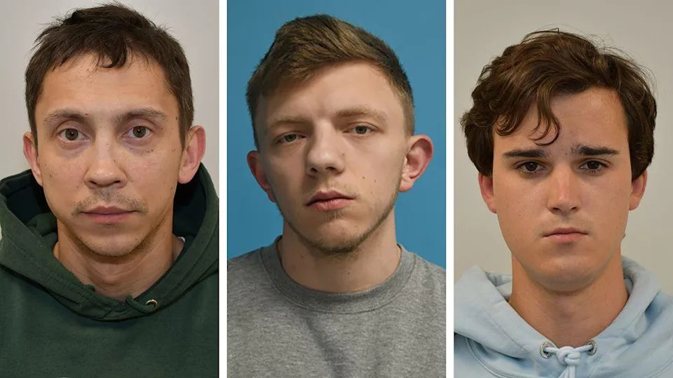 A composite image showing police photos of the three defendants: Petro Pochynok is a man with short brown hair wearing a dark hoodie, Roman Lavrynovych has lighter brown hair styled in a quiff and wears a grey sweatshirt, while Stanslav Carpiuc has longer dark brown hair which falls over his forehead and wears a pale blue hoodie.