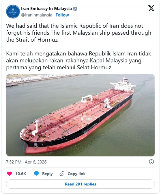 Screenshot of X post by Iran Embassy In Malaysia, saying "Iran does not forget his friends"