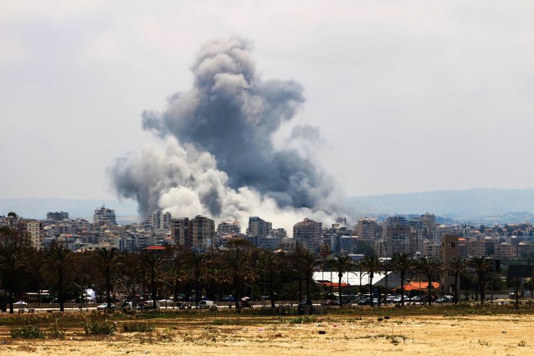 A plume of smoke rises following an Israeli airstrike on the outskirts of Tyre, southern Lebanon, on June 1, 2026.