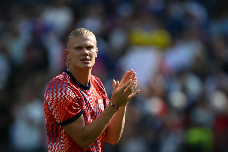 Norway's forward #09 Erling Braut Haaland gestures at the end of the 2026 World Cup Group I football match between Norway and France at the Boston Stadium in Foxborough on June 26, 2026.