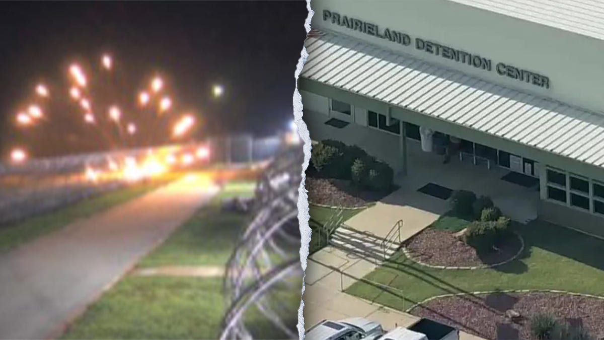 The Prairieland Detention Center building in Alvarado, Texas with fireworks being set off outside