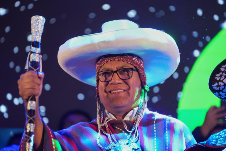 Presidential candidate Roberto Sanchez of Together for Peru party addresses supporters upon arriving at a rally in Cusco, Peru, Tuesday, June 2, 2026. (AP Photo/Rodrigo Abd)