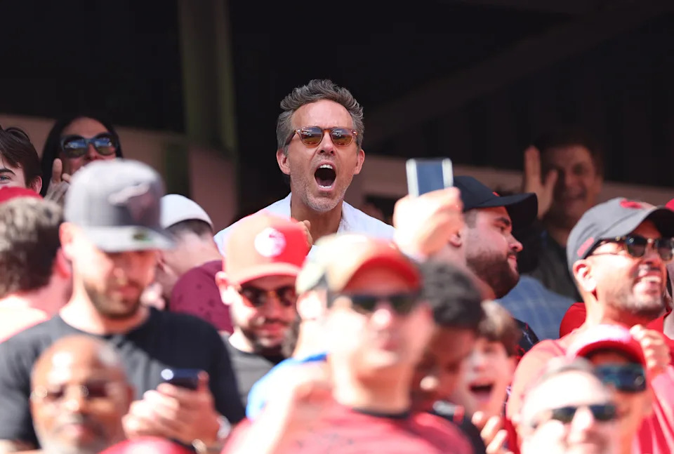 TORONTO, ONTARIO - JUNE 12: Ryan Reynolds, actor and co-owner of Wrexham celebrates as he wathes the the FIFA World Cup 2026 Group B match between Canada and Bosnia and Herzegovina at Toronto Stadium on June 12, 2026 in Toronto, Ontario. (Photo by Robbie Jay Barratt - AMA/Getty Images)