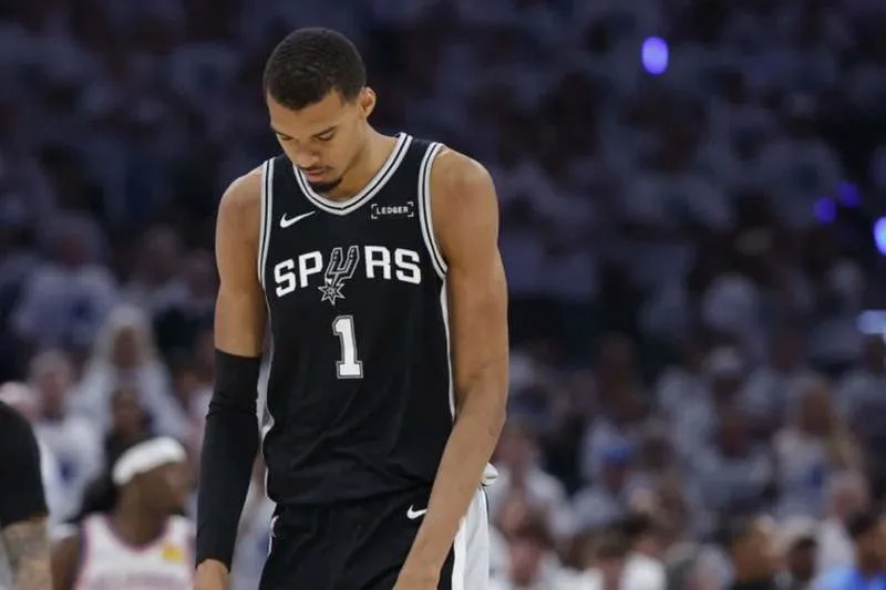 May 26, 2026; Oklahoma City, Oklahoma, USA; San Antonio Spurs forward Victor Wembanyama (1) reacts after a play during the third quarter against the Oklahoma City Thunder in game five of the western conference finals for the 2026 NBA playoffs at Paycom Center. Mandatory Credit: Alonzo Adams-Imagn Images