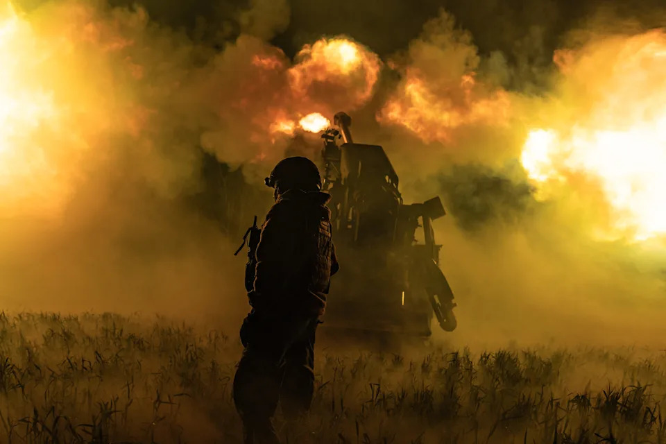 Ukrainian soldiers from the 30th Brigade fire with Bohdana artillery at Russian positions in the Donetsk Oblast, Ukraine, 31 May 2026.
