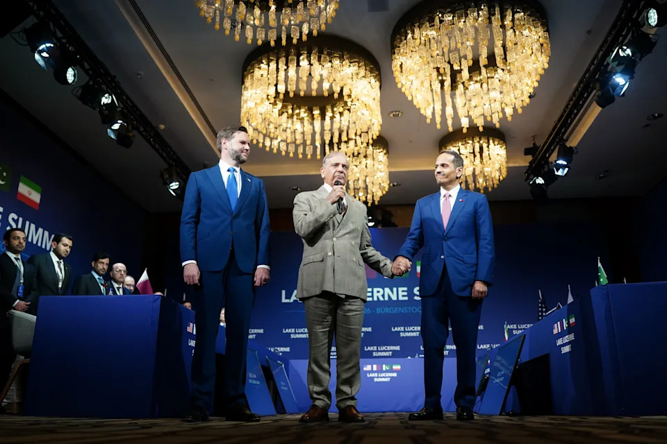 Vice President JD Vance, Pakistan Prime Minister Shehbaz Sharif and Qatar Prime Minister Sheikh Mohammed bin Abdulrahman bin Jassim Al-Thani at the Lake Lucerne Summit on June 21, 2026, in Stansstad, Switzerland. (Nathan Howard/Getty Images)