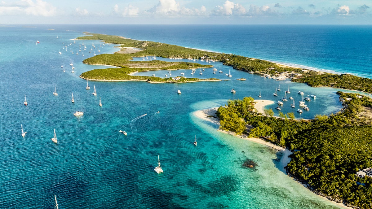 White sand beach and turquoise waters in Exuma Bahamas