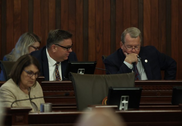 State Sens. Chapin Rose, left, and Donald DeWitte, right, look over the budget bill as the appropriations committee holds a hearing during the spring legislative session at the State Capitol, May 31, 2026, in Springfield. (John J. Kim/Chicago Tribune)