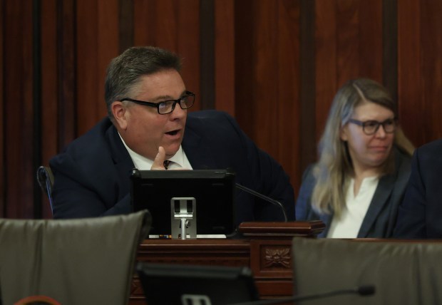 State Sen. Chapin Rose, left, asks questions about the budget bill as the appropriations committee holds a hearing during the spring legislative session at the State Capitol, May 31, 2026, in Springfield. (John J. Kim/Chicago Tribune)