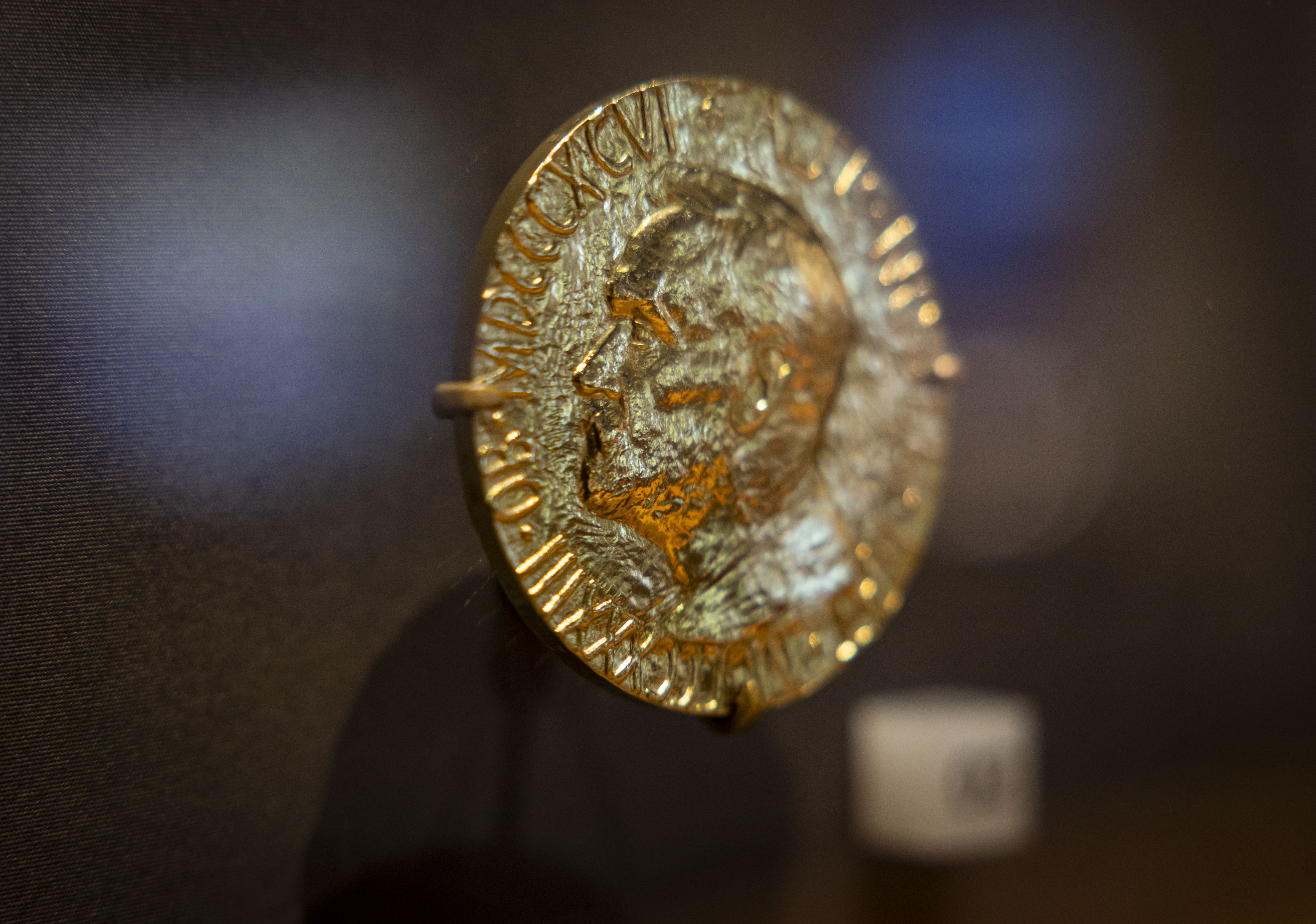 President Barack Obamaâs Nobel Peace Prize is displayed at the...