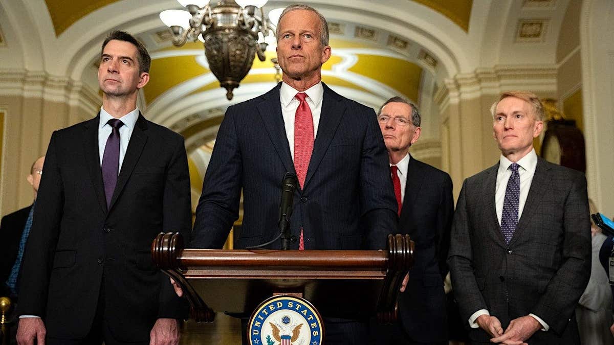 Senate Majority Leader John Thune speaking at a press conference in Washington, D.C.