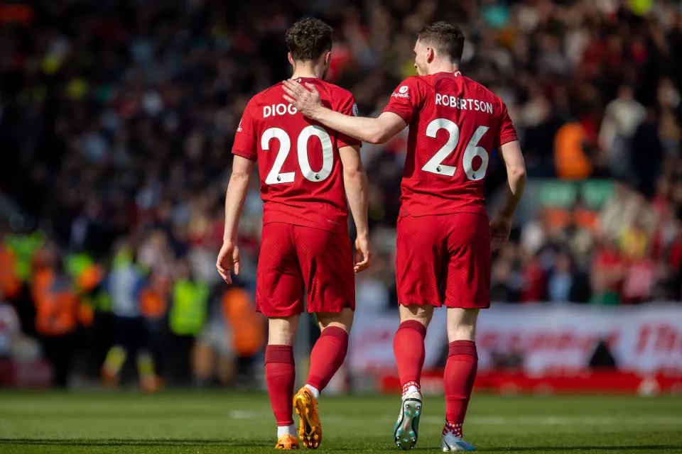 Diogo Jota of Liverpool celebrates his with Andrew Robertson of Liverpool during the Premier League match between Liverpool FC and Nottingham Forest