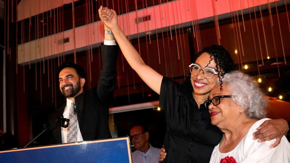 New York Mayor Zohran Mamdani celebrates with Democratic congressional candidate Darializa Avila Chevalier and organizer Carmen Rojas, during an election night watch party in New York, on Tuesday, June 23, 2026. - Seth Wenig/AP