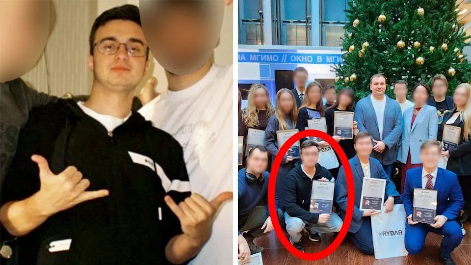 A composite image showing Evgeny Lyukshin wearing a navy hoodie with a flash of white on the left upper arm as he poses with friends whose faces we have blurred. Alongside this is a photo posted by Rybar of the organisation's director Mikhail Zvinchuk posing with a large group of young people who hold up certificates and bags saying "Rybar". In the front of the image, Lyukshin is highlighted crouching down, also holding a certificate. Although Rybar blurred his face and those of the other young people, his navy hoodie has the same flash of white on the left arm as in the social media pic.