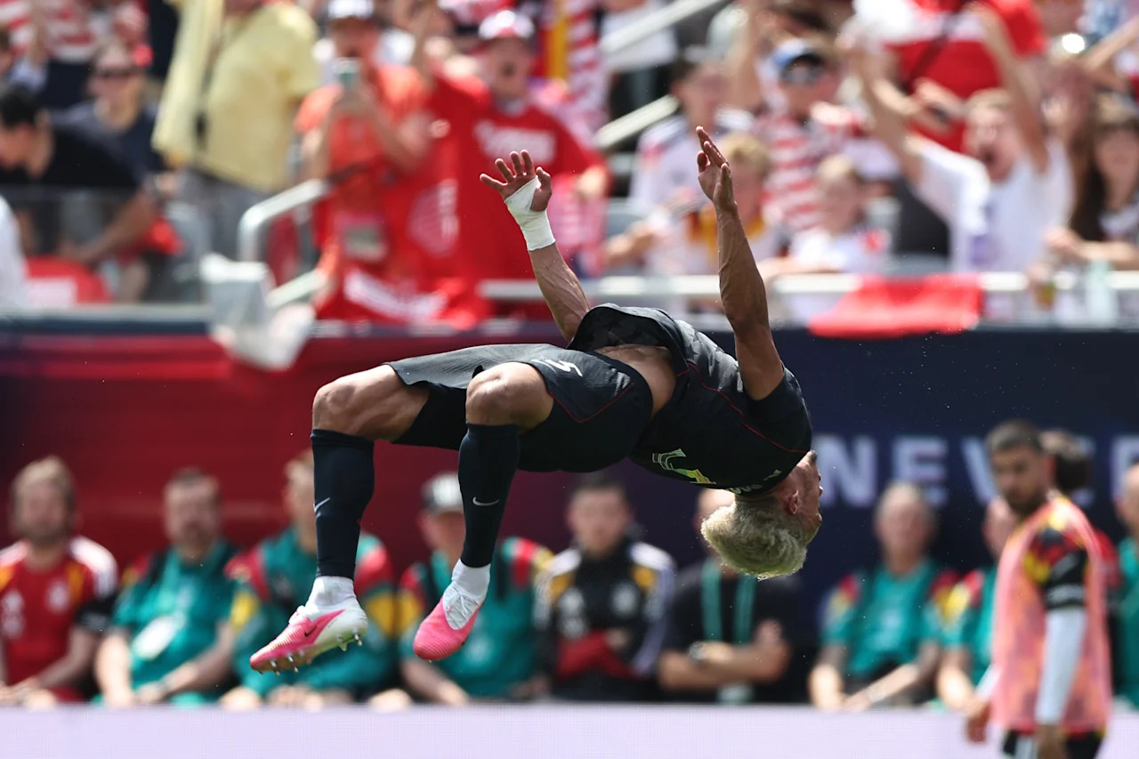 CHICAGO, ILLINOIS - JUNE 06: Antonee Robinson of United States celebrates after scoring his team's first goal during the international friendly match between United States and Germany at Soldier Field on June 06, 2026 in Chicago, Illinois. (Photo by Omar Vega/USSF/Getty Images)