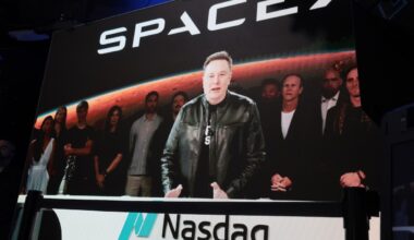 Elon Musk, founder and CEO of SpaceX, speaks via video before the ringing of opening bell at the Nasdaq Marketsite at the launch of the company's initial public offering (IPO) on June 12, 2026