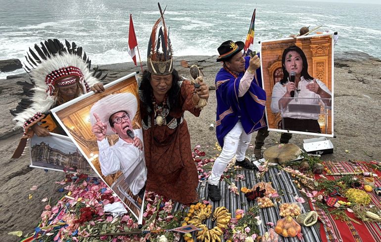 epa13009752 Shamans and healers take part in a ritual in Lima, Peru, 01 June 2026, offering prayers for respect and unity as Peruvians prepare to vote and Fujimori and Sanchez enter the final stage of the election. EPA/Mikhail Huacan