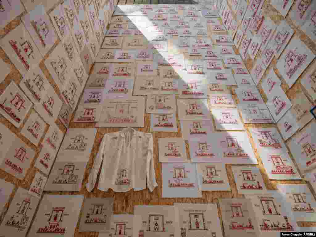 The exhibit, titled <a href="https://framedinbelarus.net/" target="_self" class="wsw__a"><strong>Framed In Belarus</strong></a><strong>,</strong> uses cross-stitch embroidery to profile those arrested amid the police crackdown that followed Belarus's disputed 2020 presidential election. The work is part of the Matter of Art Biennale in Prague's National Gallery.<br><br>