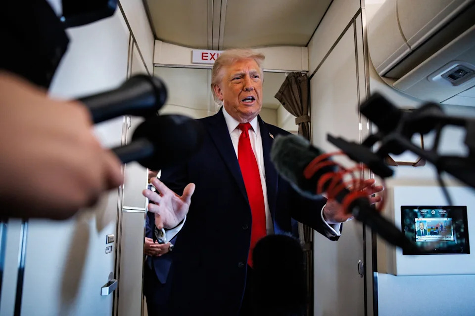 Samuel Corum/Getty Images - PHOTO: President Donald Trump, pictured here speaking to reporters, June 5, 2026, on Air Force One, plans to attend an NBA Finals game this week between the New York Knicks and the San Antonio Spurs at Madison Square Garden in New York.